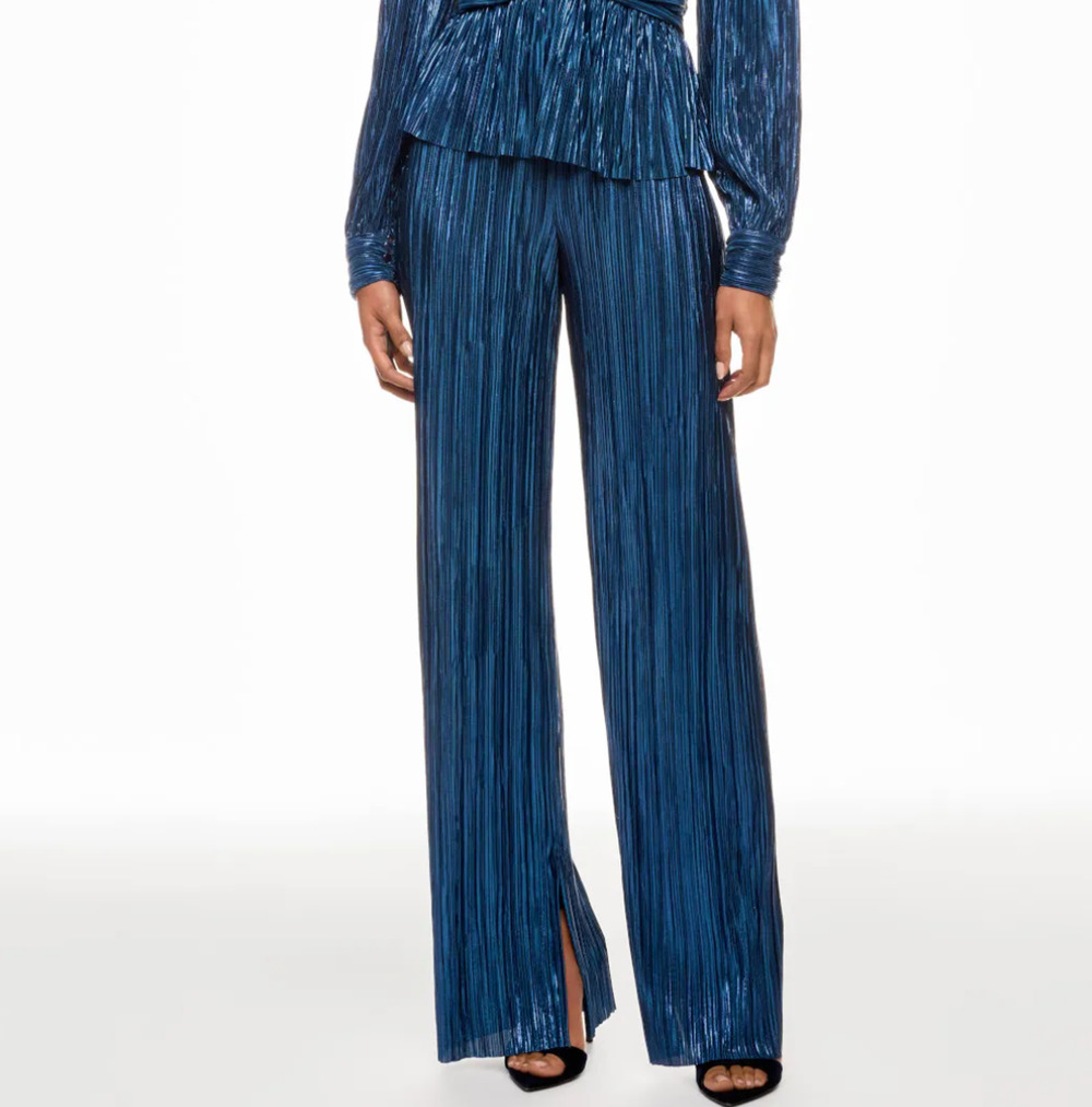 Sabina Musayev Metallic Blue Wide Leg Pants LARGE Split Hem Cocktail Plisse $230